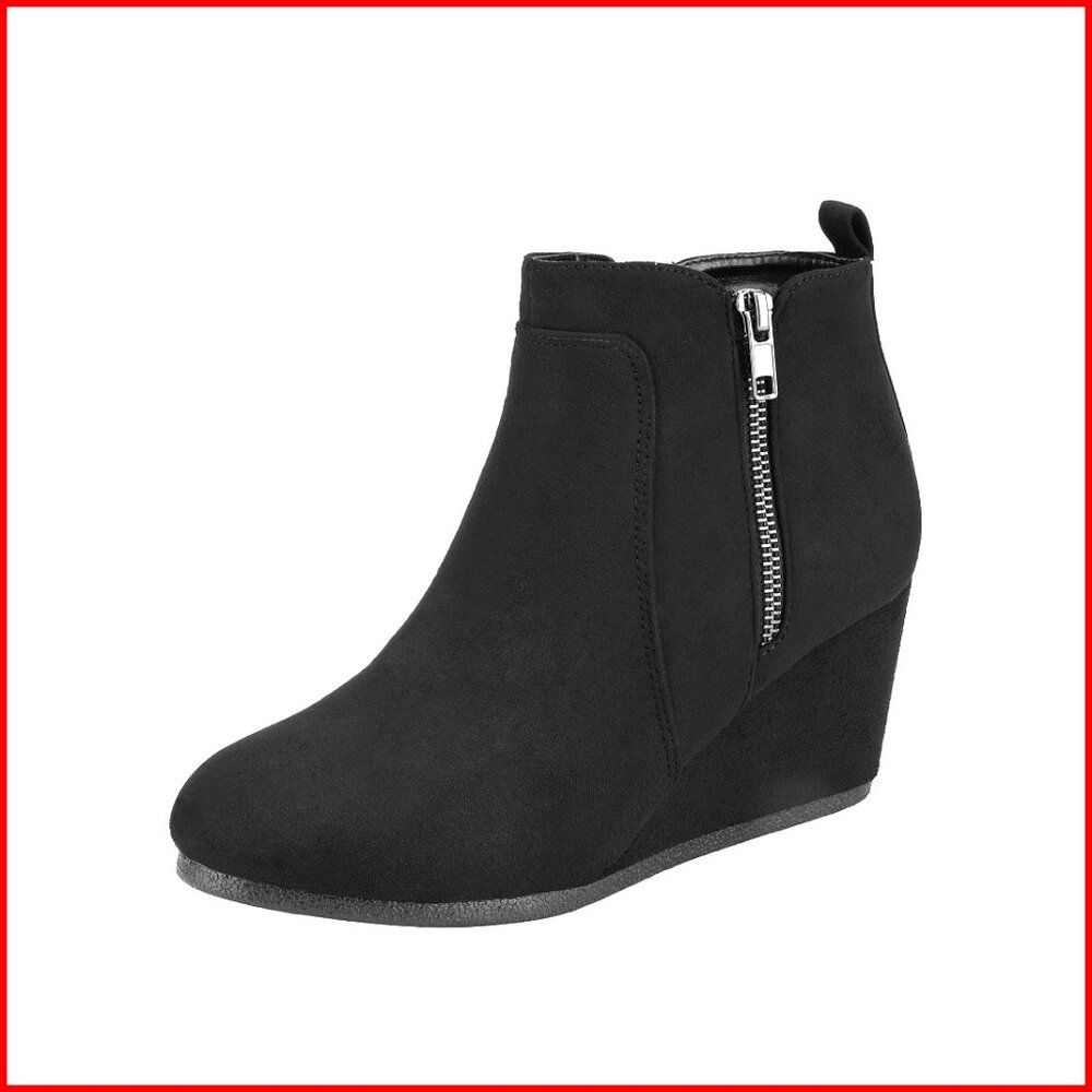 Women's Suede Low Wedge Ankle Boots with Side Zipper, Cushioned Comfort